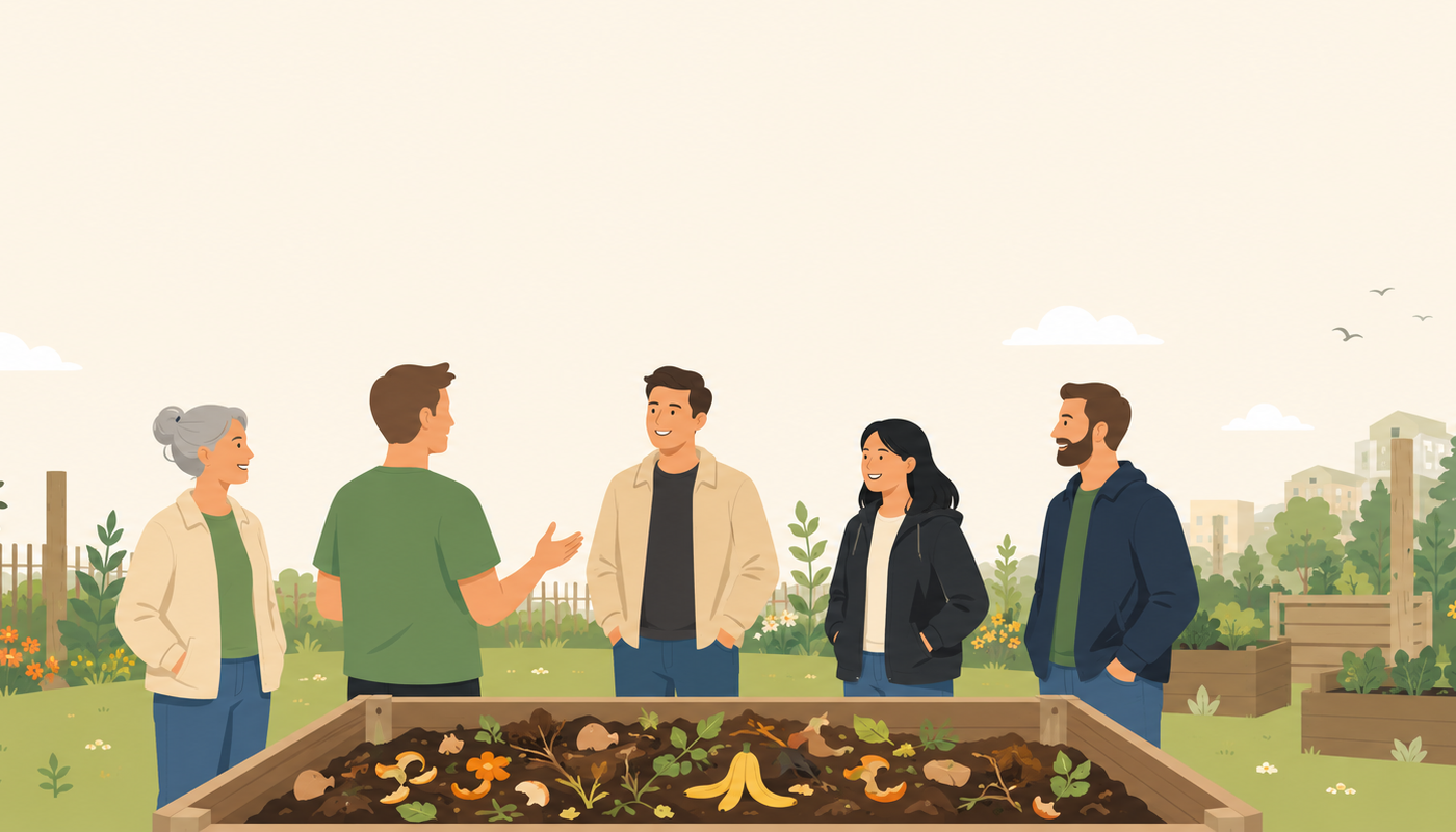 Accompagnement au compostage sur site avec un groupe de personnes autour d’un bac à compost dans un espace végétalisé.