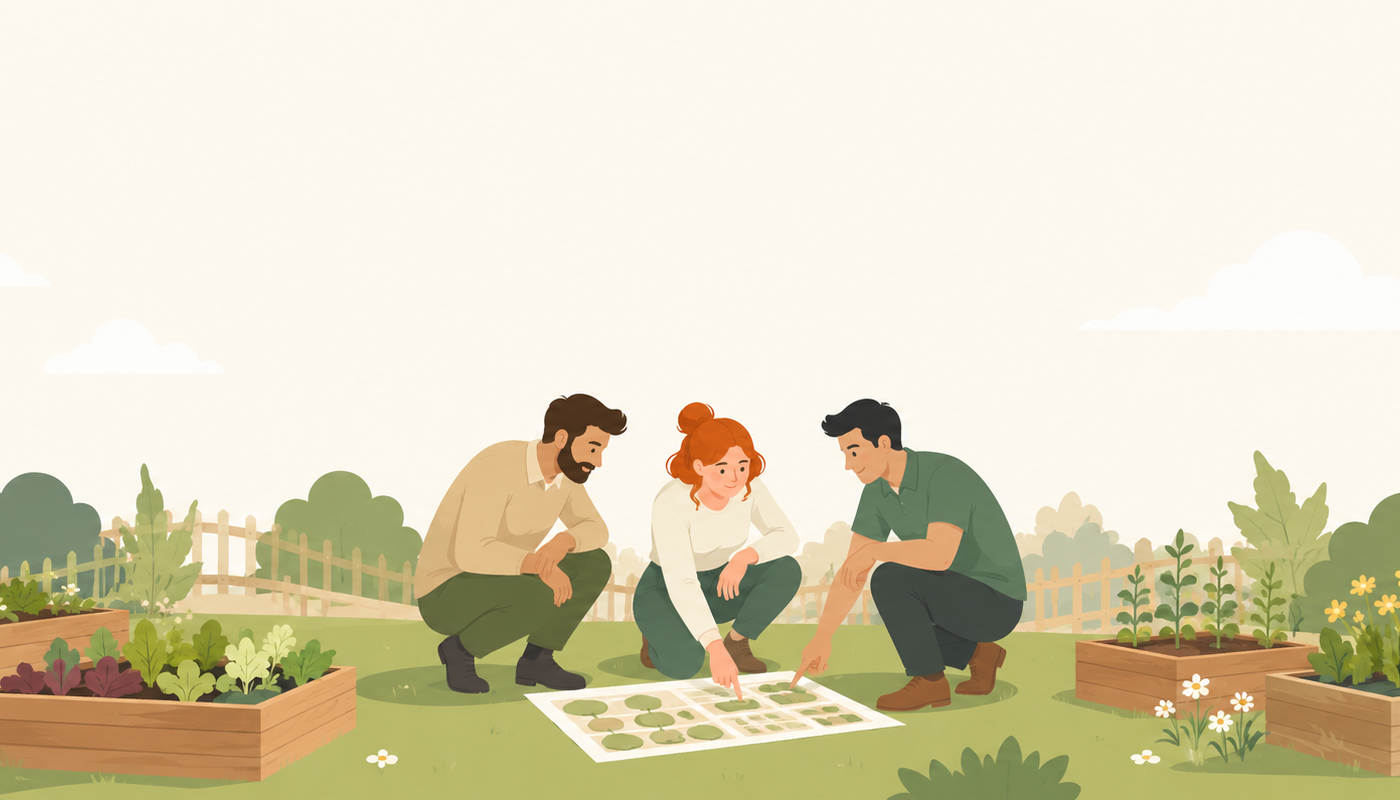 Trois personnes étudient un plan dans un jardin partagé afin de préparer la mise en place d’une solution de compostage sur site.