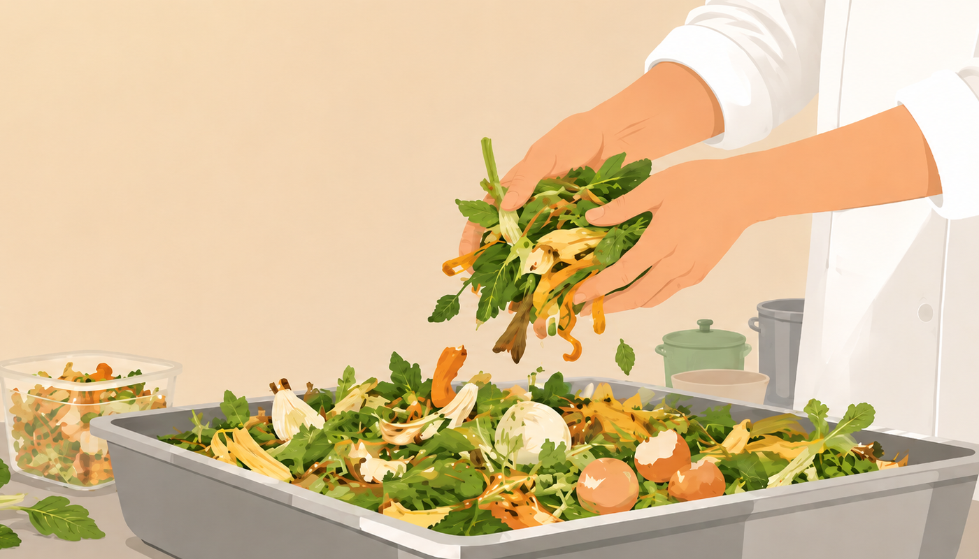 Mains d’une personne en tenue de cuisine déposant des épluchures et restes alimentaires dans un bac rempli de biodéchets.