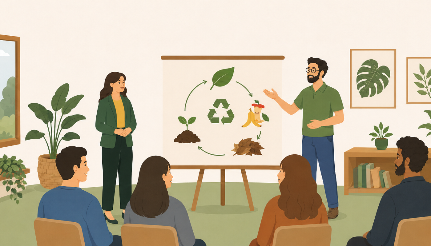 Session de formation sur le compostage avec un formateur présentant le cycle des biodéchets devant un groupe de participants.