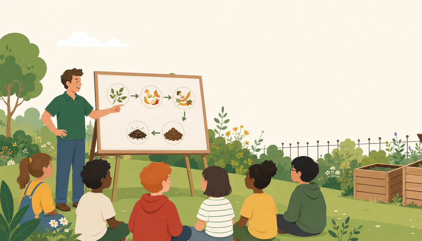 Un animateur présente le cycle du compostage à un groupe d’enfants assis dans un jardin, avec des bacs à compost en arrière-plan.