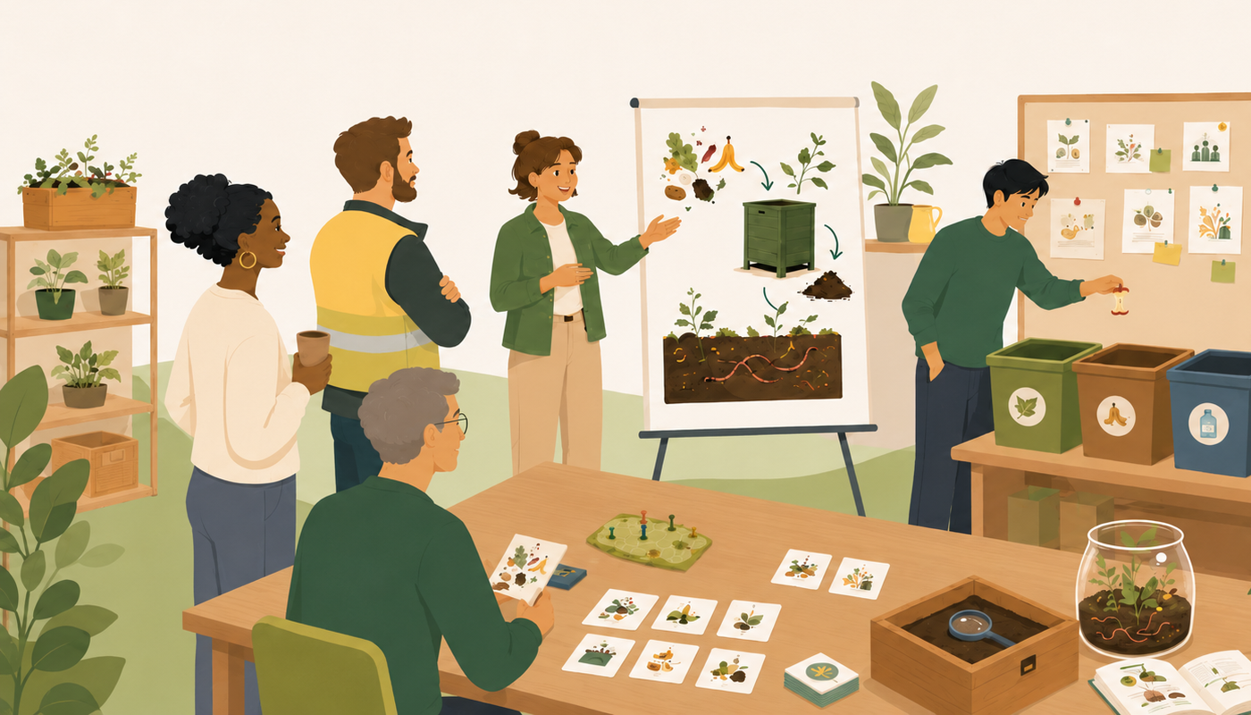 Illustration d’un atelier de sensibilisation au compostage avec des participants, des supports pédagogiques, des bacs de tri et des outils autour de la vie du sol.